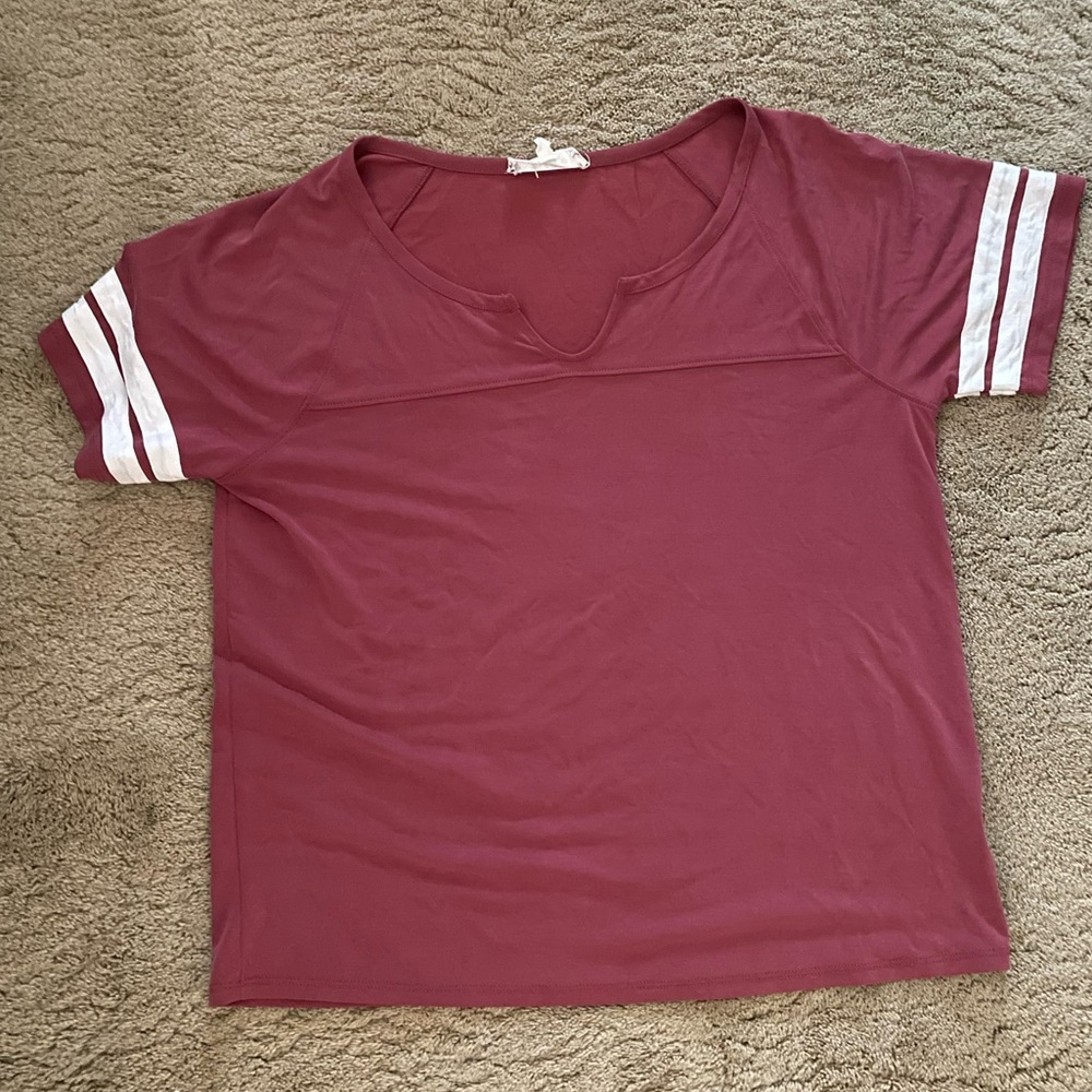 Pink Rose Maroon Tee with White Sleeve Stripes